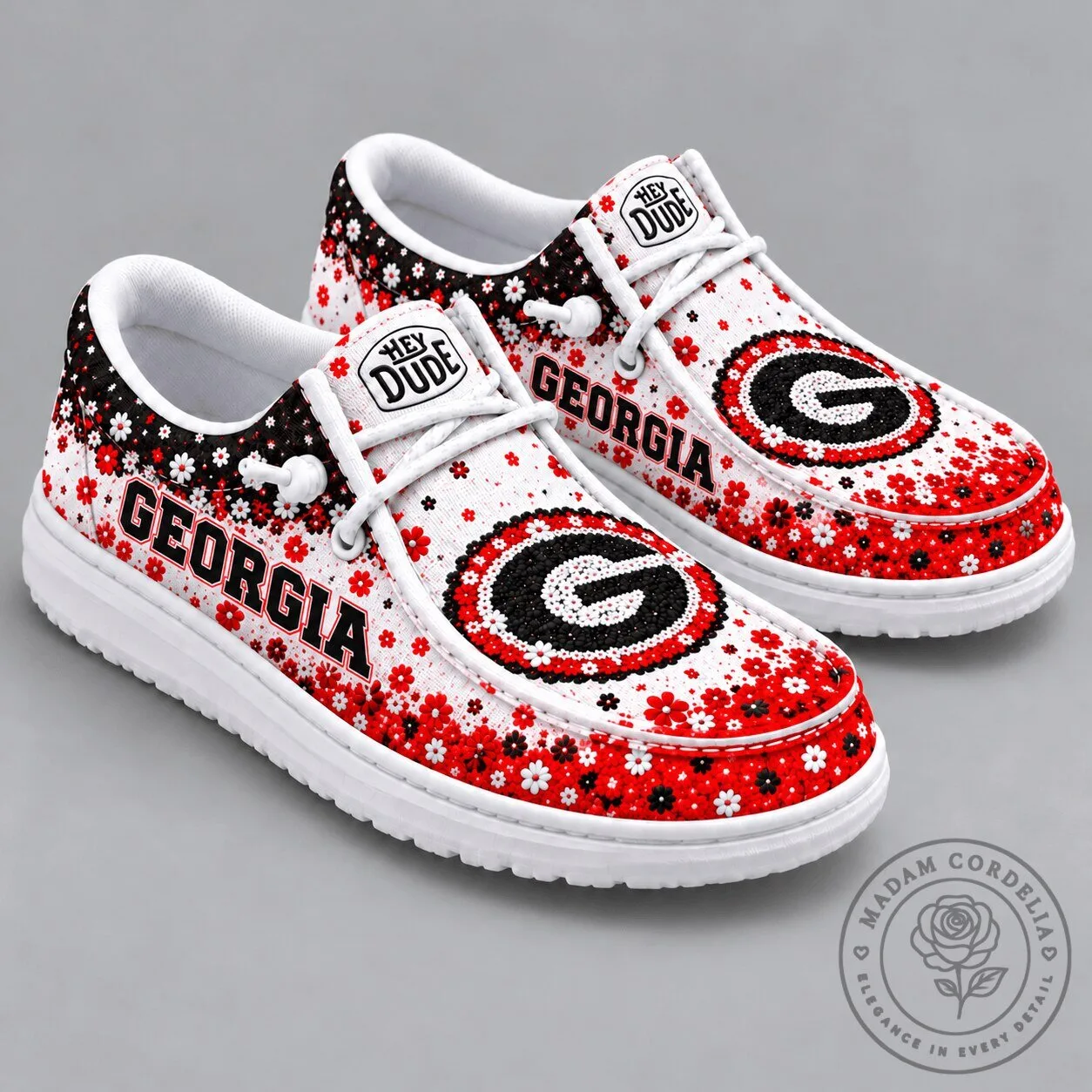 Men's and Women's Slip-On Shoes with Floral Georgia Bulldogs Design