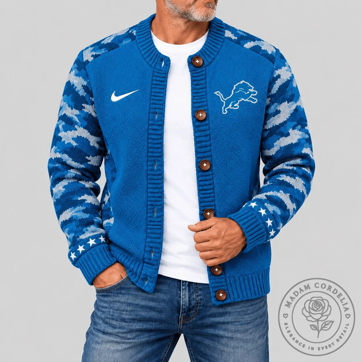 Detroit Lions Blue Camouflage Sleeve Knit Cardigan Sweater