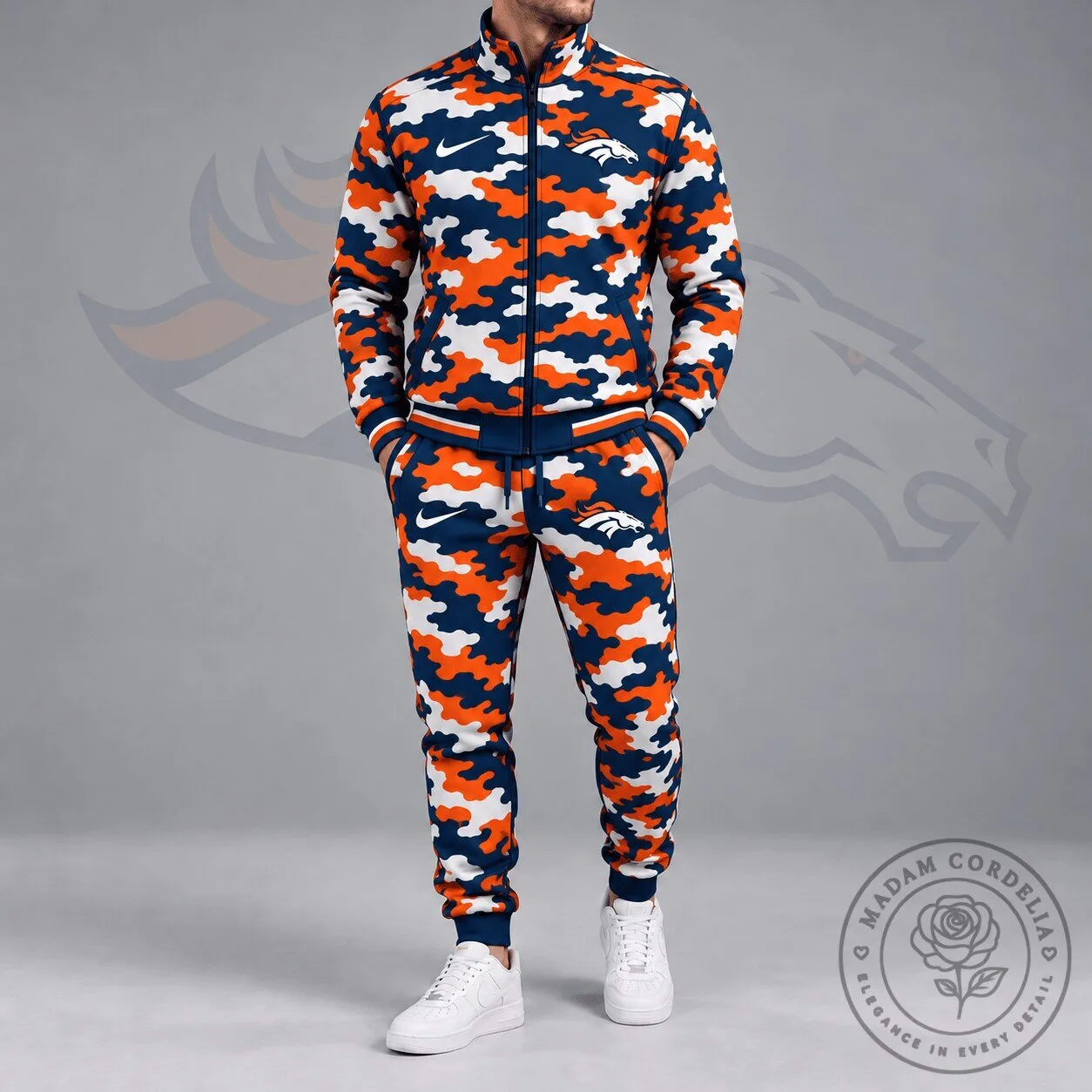 Denver Broncos Camouflage Print Full Zip Jacket and Jogger Pants Tracksuit Set